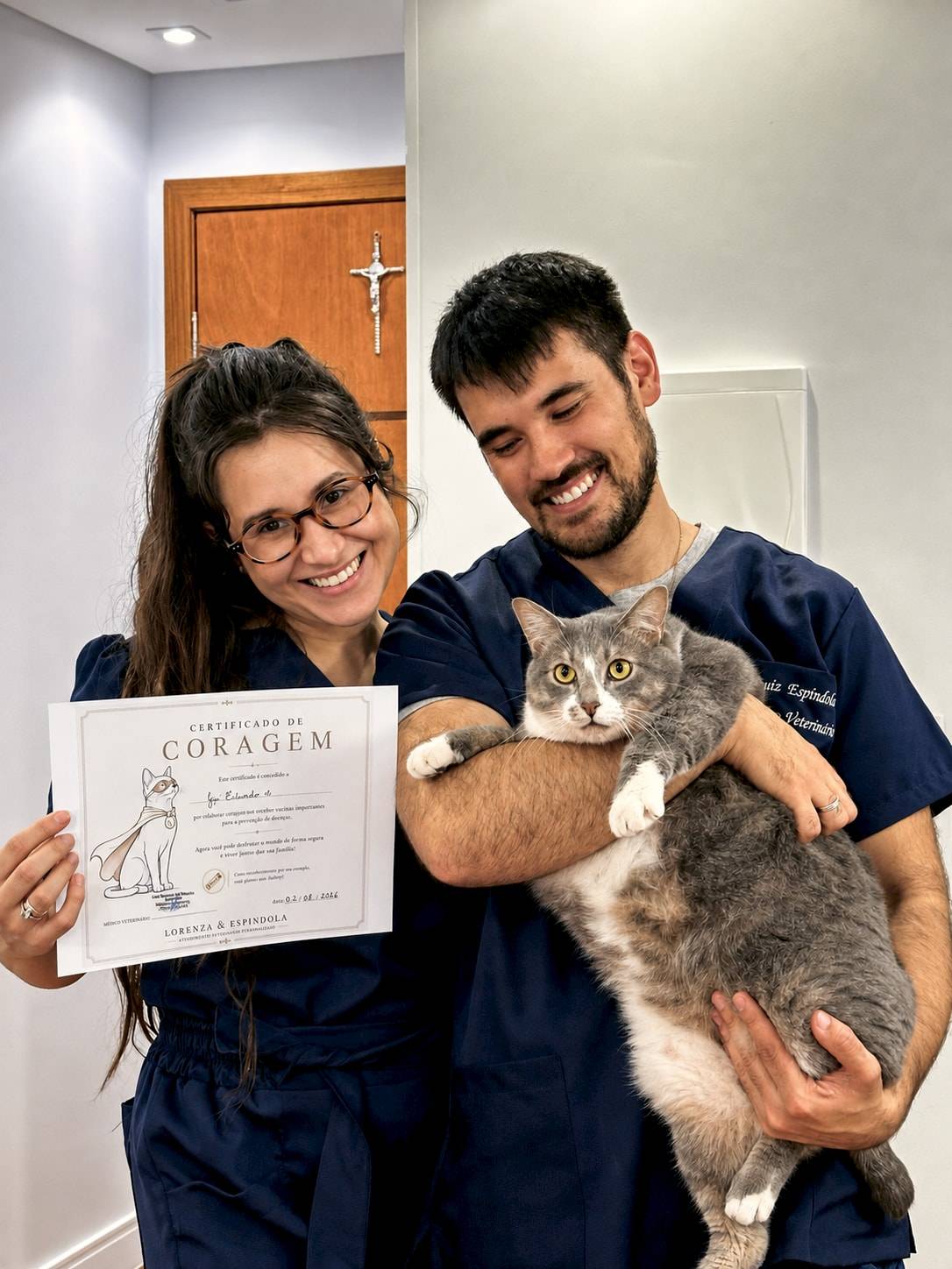 Barbara segura um Certificado de Coragem enquanto Luiz carrega no colo o gato cinza que acabaram de atender