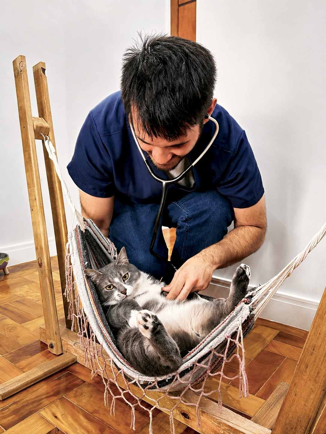 Luiz, agachado ao lado de uma rede de madeira, ausculta um gato cinza deitado de barriga para cima dentro dela